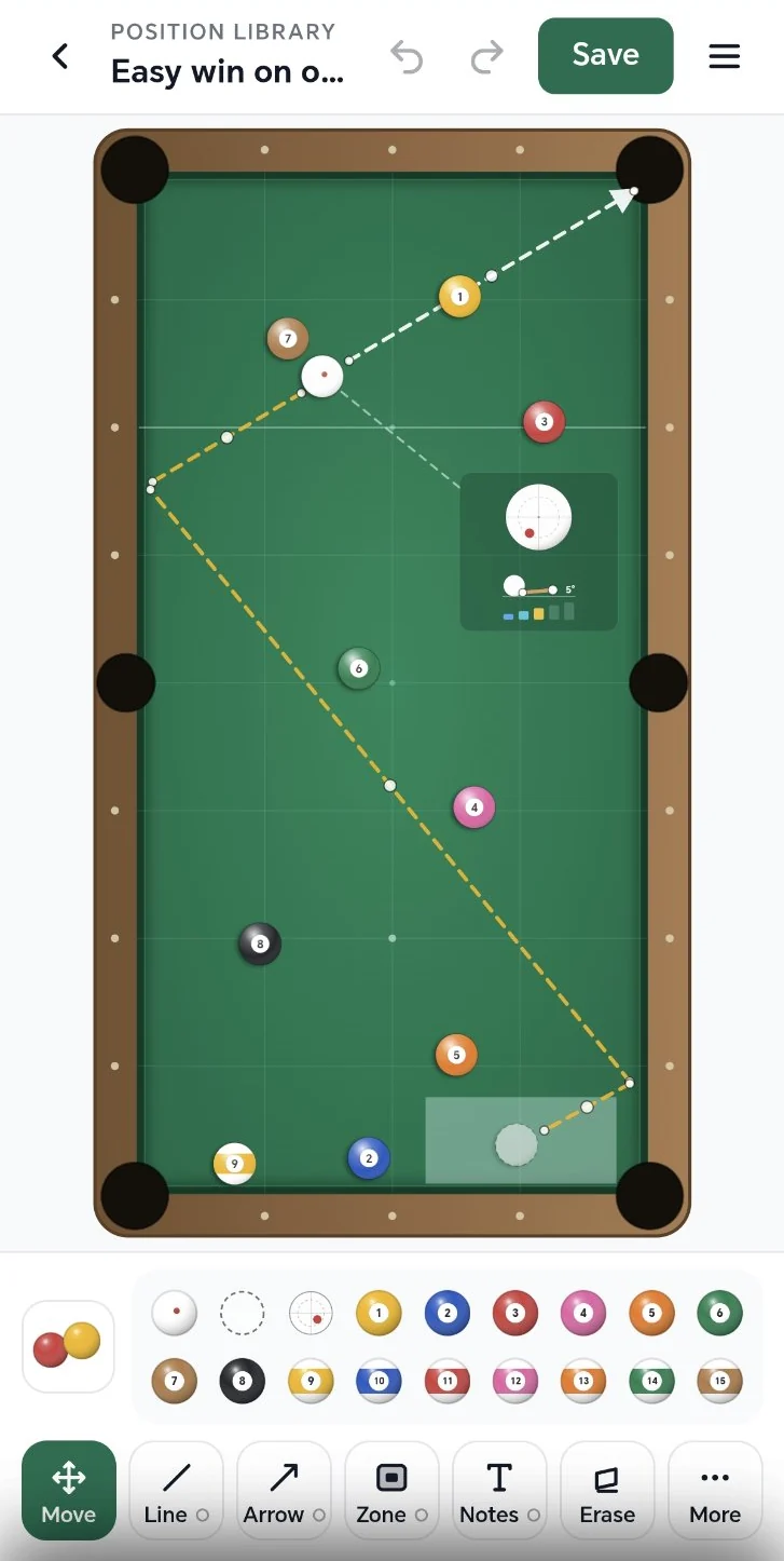 The Position Library editor: a 9-ball layout with the planned route drawn as arrows, a target zone and the cue ball strike marker